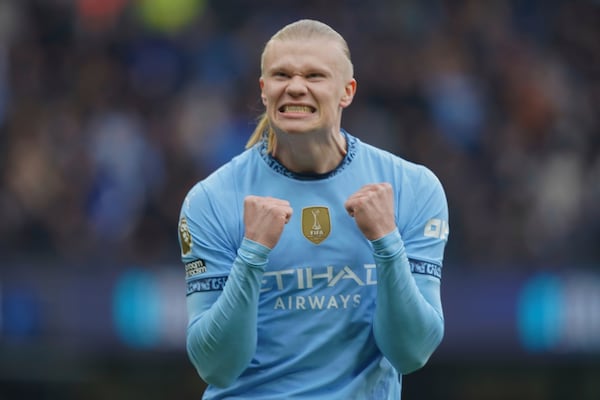 Manchester City's Erling Haaland celebrates after scoring his side's opening goal during the English Premier League soccer match between Manchester City and Brighton and Hove Albion at Etihad stadium in Manchester, England, Saturday, March 15, 2025. (AP Photo/Ian Hodgson)