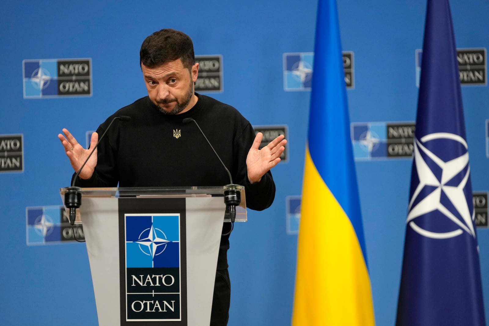 Ukraine's President Volodymyr Zelenskyy speaks during a media conference at NATO headquarters in Brussels, Thursday, Oct. 17, 2024. (AP Photo/Virginia Mayo)