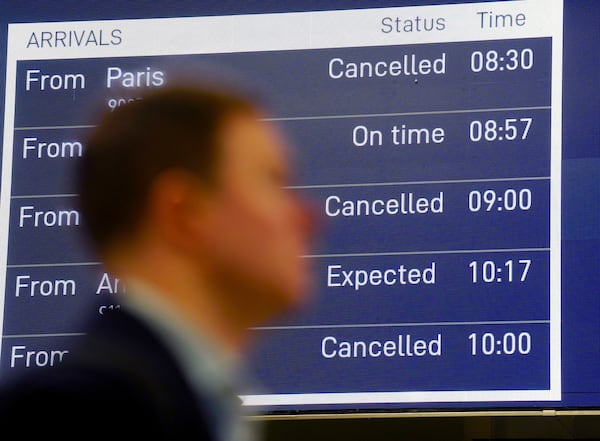 A view of a departures board at St Pancras International station in London, Friday March 7, 2025, after Eurostar trains to the capital have been halted following the discovery of an unexploded Second World War bomb near the tracks in Paris. (James Manning/PA via AP)