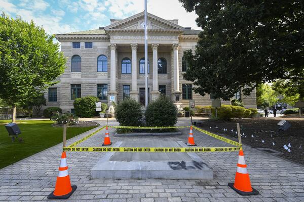 The spot where a Confederate obelisk once stood on the grounds of the DeKalb County courthouse in Decatur. DeKalb Superior Court Judge Clarence Seeliger declared the monument that was erected in 1908 by the United Daughters of the Confederacy, to be a public nuisance that should be removed. JOHN AMIS FOR THE AJC