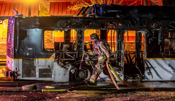 Atlanta fire crews worked the scene of a fire that gutted a MARTA bus in southwest Atlanta on Monday morning.