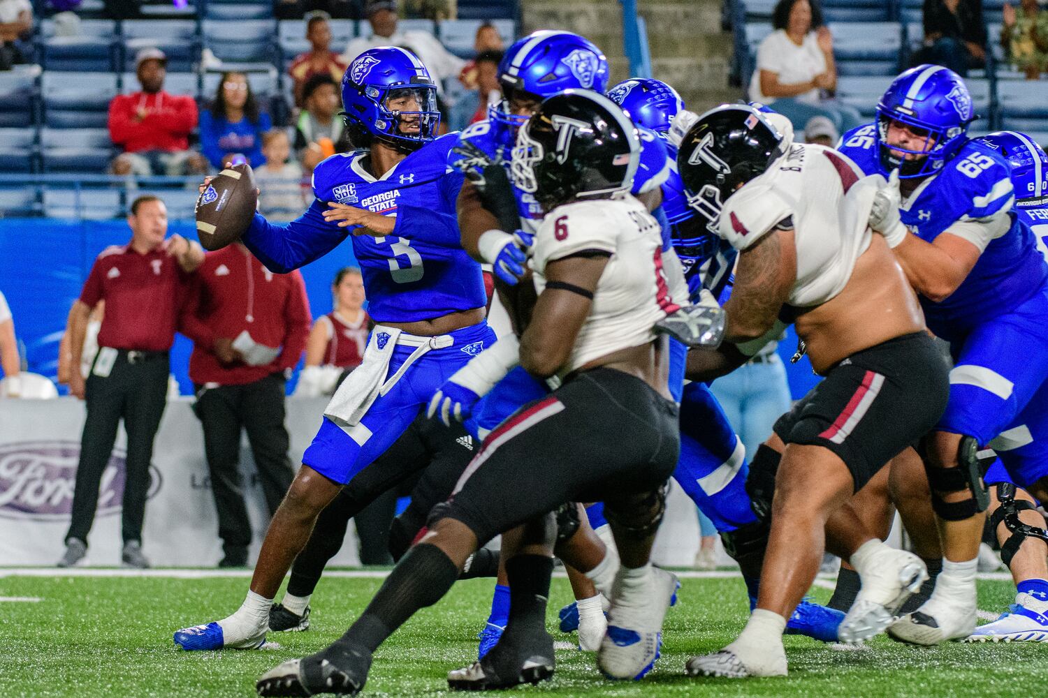 Georgia State quarterback Darren Grainger passes against Troy  Saturday, Sept. 30, 2023 (Jamie Spaar for the Atlanta Journal Constitution)