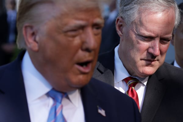 Then-President Donald Trump and White House chief of staff Mark Meadows at the White House in 2020. (Alex Wong/Getty Images/TNS)