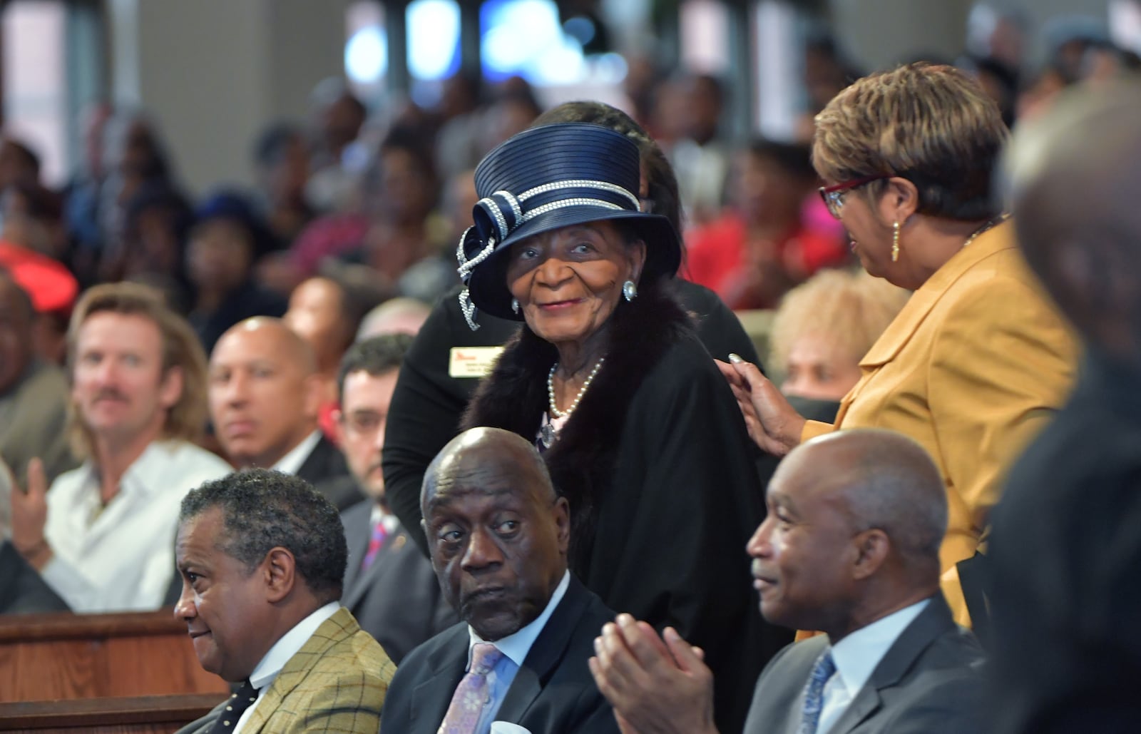 Christine King Farris, sister of the Rev. Martin Luther King  Jr., is escorted to her seat during the morning service at Ebenezer Baptist Church on Sunday, December 30, 2018. She died Thursday at age 95. (Hyosub Shin/The Atlanta Journal-Constitution)