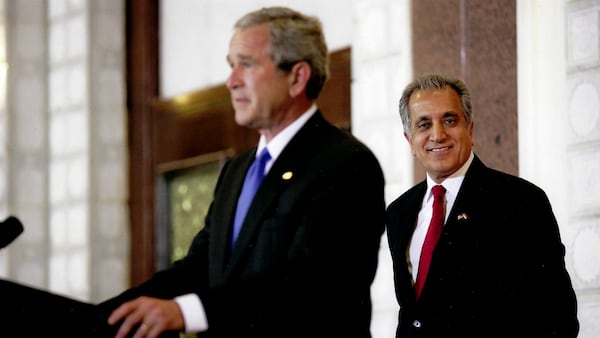 George W. Bush with Zalmay Khalilzad, an Afghan American who came to the U.S. as a student in 1966 and rose to become a diplomat and foreign policy expert, as well as the U.S. Ambassador to the United Nations. Courtesy of PBS