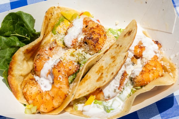 Shrimp tacos (pictured), shrimpburgers and gumbo are in the menu rotation at On-Deck Diner at Daufuskie Island Rum Co. (Katelyn Myrick for The Atlanta Journal-Constitution)