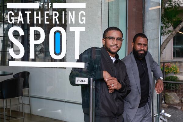 (Left to right) The Gathering Spot co-founder Ryan Wilson poses for a portrait with Greenwood CEO Ryan Glover at The Gathering Spot Atlanta on Thursday, August 3, 2023.  (Natrice Miller/ Natrice.miller@ajc.com)