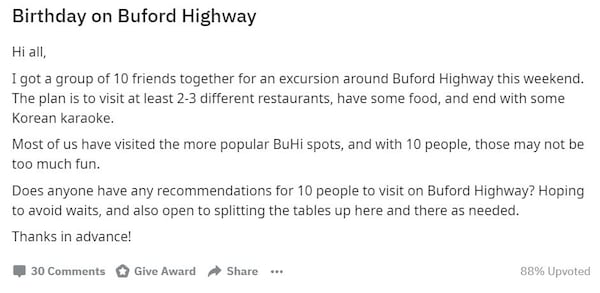 John Wenzell's initial post on Reddit asking for dining suggestions.