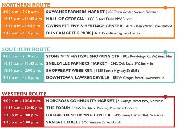 The stops on Gwinnett County's July 29 bus tour to gather public input about possible transit expansion. (Via Gwinnett County)