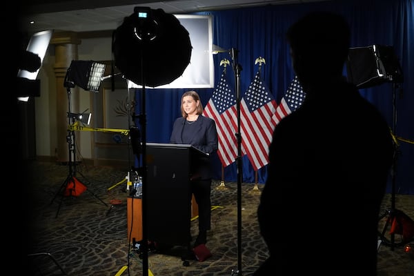 Sen. Elissa Slotkin, D-Mich., rehearses the Democratic response to President Donald Trump's address to a joint session of congress Tuesday, March 4, 2025, in Wyandotte, Mich. (AP Photo/Paul Sancya, Pool)