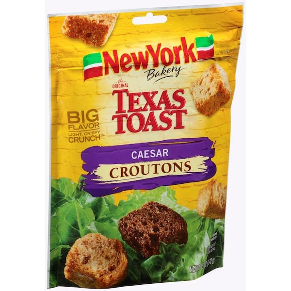 New York Bakery The Original Texas Toast Caesar Croutons feature wheat and rye bread flavored with Parmesan cheese and garlic.