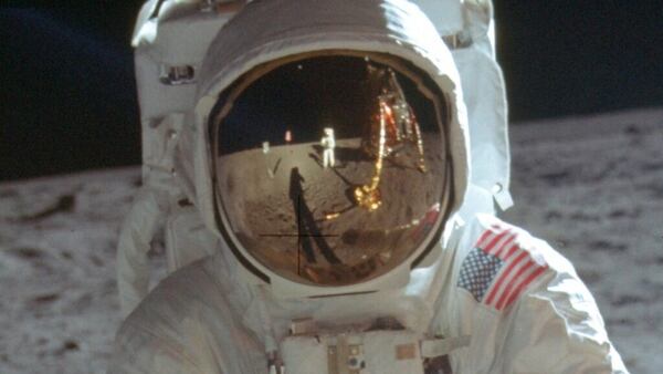 Astronaut Neil Armstrong takes a photo of the lunar landscape reflected in the helmet visor of Buzz Aldrin on the surface of the moon on July 20, 1969. Saturday marks the 50th anniversary of the moon landing.