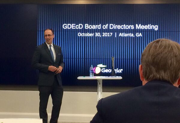 Georgia Deputy Commissioner for Global Commerce Tom Croteau discusses the state’s bid for Amazon’s second headquarters on Monday, Oct. 30, 2017, at a state economic development board meeting in Midtown Atlanta. J. SCOTT TRUBEY/STRUBEY@AJC.COM