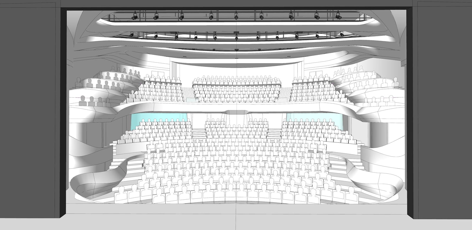 Technical sketches show the inside of the Alliance Theatre, where seating for patrons will be moved closer to the stage and audio and lighting equipment will be enhanced during renovations to take place in 2017.