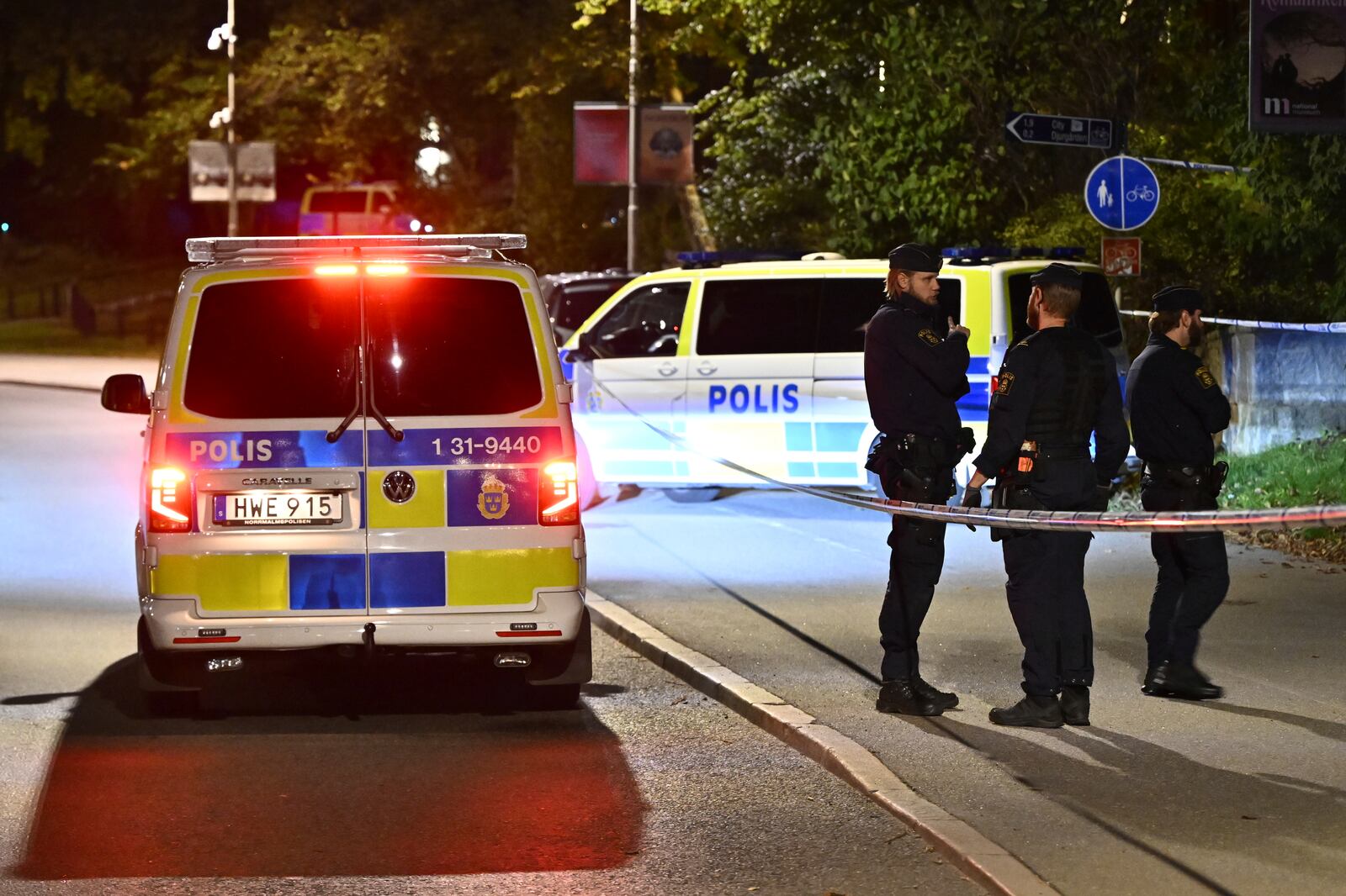 Police guard outside the Israeli embassy in Stockholm, Sweden, Tuesday, Oct. 1, 2024, after a suspected shooting near the embassy. (Anders Wiklund/TT News Agency via AP)