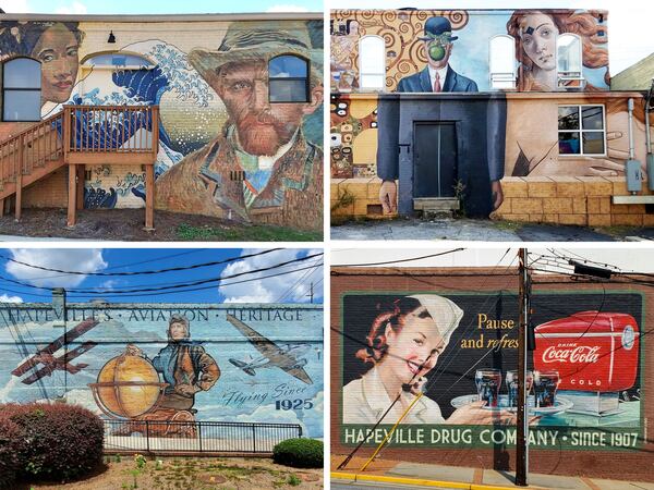 Magritte, Botticelli, Van Gogh, Klimt and the Coca-Cola girl all make an appearance in Shannon Lake’s Hapeville murals.