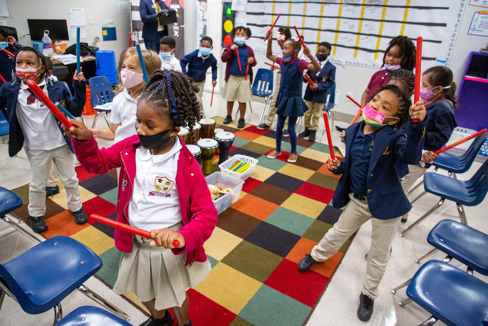 Students practice their rhythm exercises during Brian Bryant's music class at North Metro Academy of Performing Arts in Norcross on Oct. 13, 2021. STEVE SCHAEFER FOR THE ATLANTA JOURNAL-CONSTITUTION