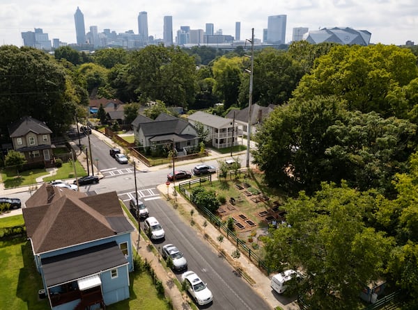 An aerial view of a community garden run by Historic Westside Gardens in Atlanta on Wednesday, August 14, 2024. (Seeger Gray / AJC)