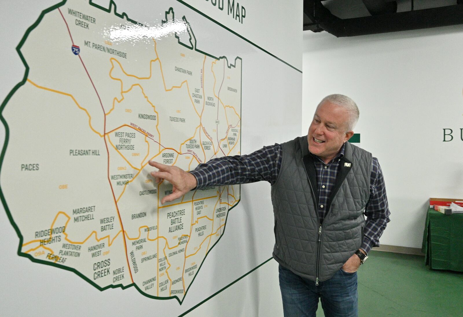 February 4, 2022 Atlanta - Bill White, chairman and chief executive officer of the Buckhead City Committee, shows proposed Buckhead City map at Buckhead City headquarters in Buckhead on Friday, February 4, 2022. (Hyosub Shin / Hyosub.Shin@ajc.com)