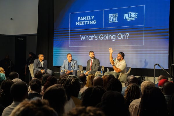 Ray Pennie (second left), Noah Downer (center), and Dr. Alex Camardelle speak on a panel for Black business owners at The Gathering Spot in Atlanta on Tuesday, Aug. 27, 2024. (Olivia Bowdoin for the AJC).