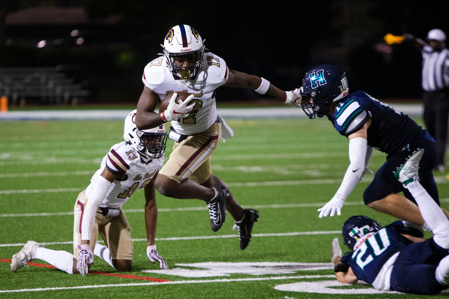 Dezmond Randolph, tight end for Pebblebrook, runs the ball during the Harrison vs. Pebblebrook high school football game on Friday, September 23, 2022, at Harrison high school in Kennesaw, Georgia. Pebblebrook defeated Harrison 31-14. CHRISTINA MATACOTTA FOR THE ATLANTA JOURNAL-CONSTITUTION.