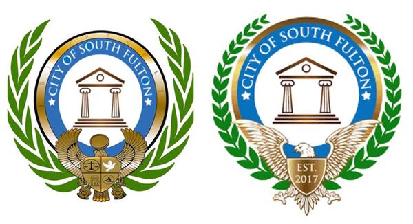 South Fulton Mayor Bill Edwards vetoed the proposed new city seal (at left). Shown at right is the previous city seal.