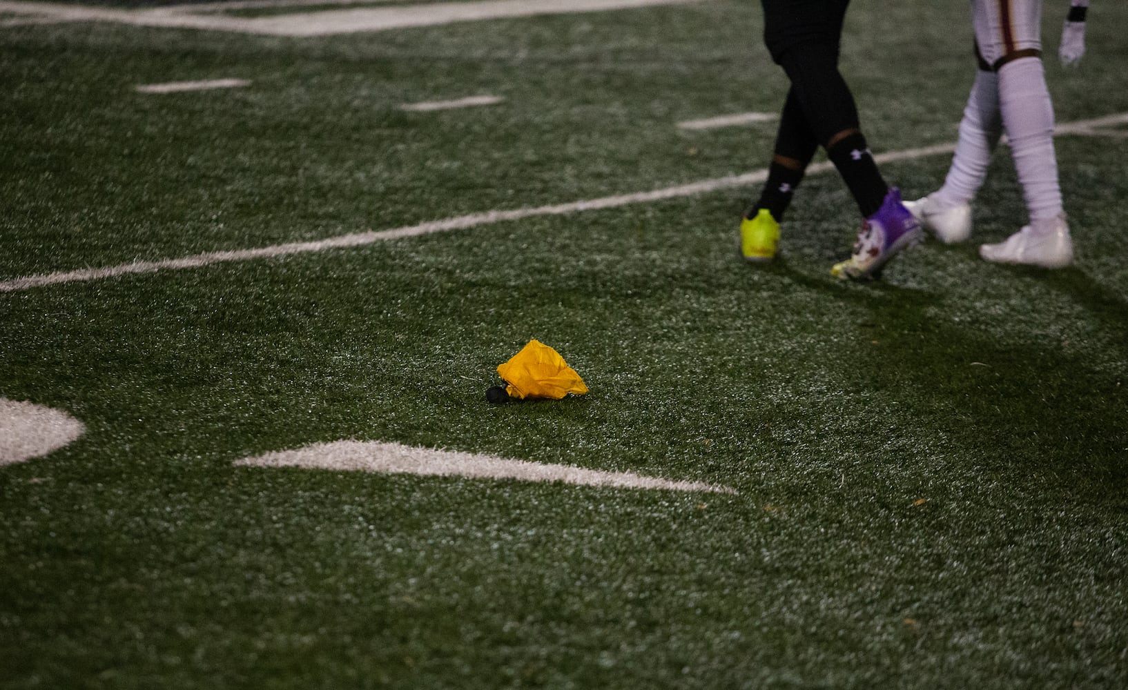 A flag on the play for offsides thrown during the Mill Creek vs. Roswell high school football game on Friday, November 27, 2020, at Roswell High School in Roswell, Georgia. Mill Creek led Roswell 27-21 at the end of the third quarter. CHRISTINA MATACOTTA FOR THE ATLANTA JOURNAL-CONSTITUTION