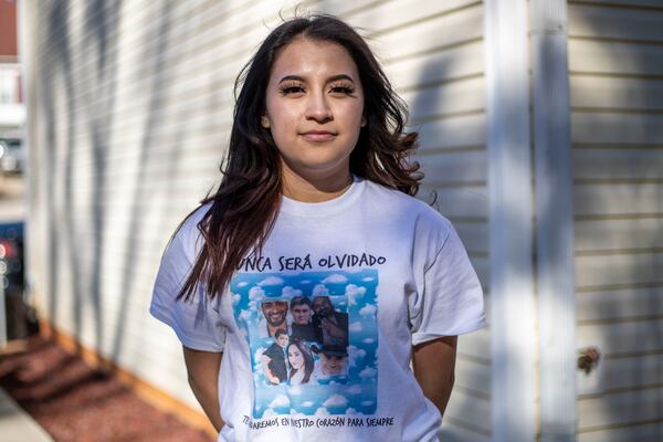 03/02/2021 —Gainesville, Georgia — Yamilex Estrada, 28, wears a t-shirt bearing images of José Elías Cabrera, one of the victims of the hazardous chemical spill, in Gainesville, Tuesday, February 2, 2021. Estrada was working at Foundation Food Group the day the accident took place and says she spoke with one of the victims before they passed away from exposure to the liquid nitrogen. (Alyssa Pointer / Alyssa.Pointer@ajc.com)