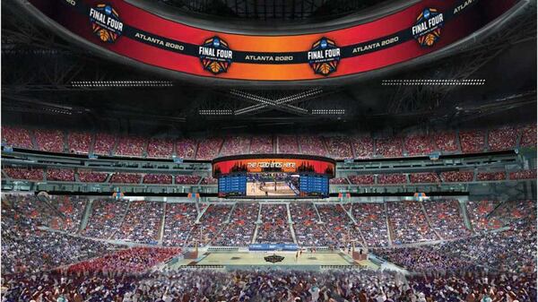 This architectural rendering shows what Mercedes-Benz Stadium would have looked like for the 2020 Final Four, which was canceled because of the coronavirus pandemic. (Atlanta Basketball Host Committee)