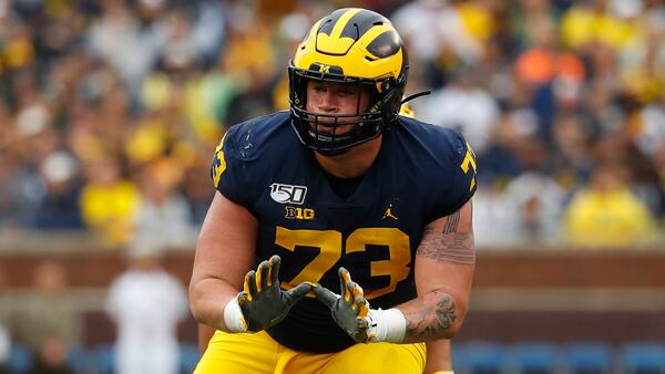 Michigan offensive lineman Jalen Mayfield (73) blocks against Rutgers in the first half Sept. 28, 20219, in Ann Arbor, Mich. (Paul Sancya/AP)