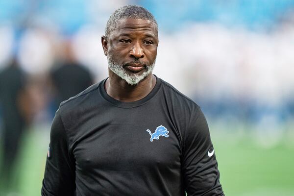 Detroit Lions defensive coordinator Aaron Glenn looks on before a preseason NFL football game against the Carolina Panthers Friday, Aug. 25, 2023, in Charlotte, N.C. (AP Photo/Jacob Kupferman)