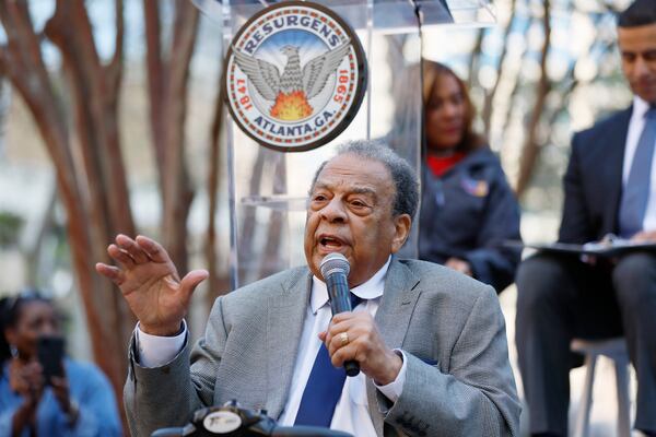 Ambassador Andrew Young addresses his remarks during the statue's unveiling ceremony in honor of Xermona Clayton on Wednesday, March 8, 2023 in Atlanta. 
Miguel Martinez /miguel.martinezjimenez@ajc.com