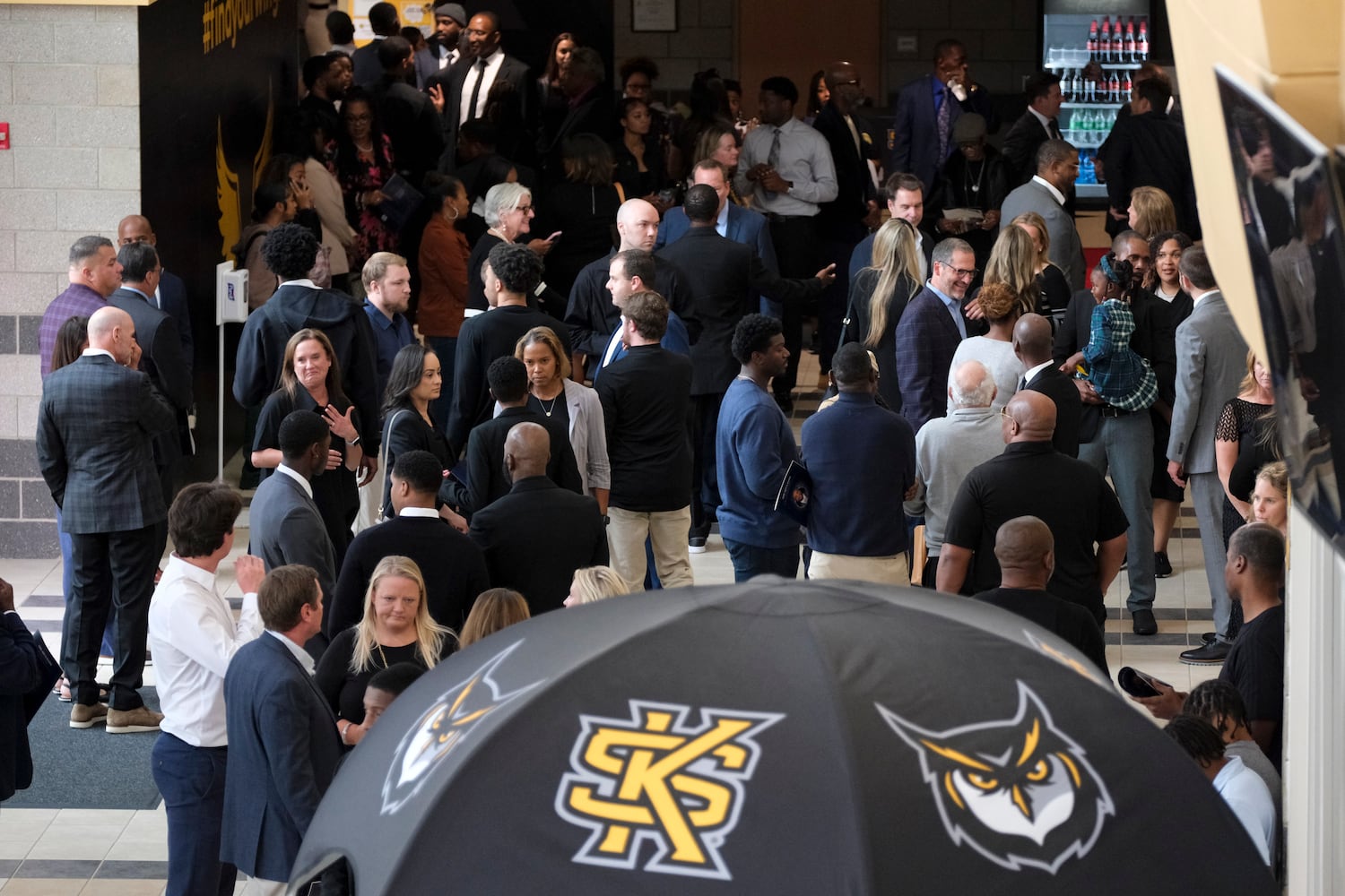 People arrive for a celebration of life for former Kennesaw State University basketball coach Amir Abdur-Rahim at the KSU convocation center on Sunday, Oct. 27, 2024.   Ben Gray for the Atlanta Journal-Constitution