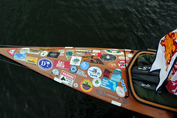 A detail of Peter Frank's canoe is shown Thursday, Nov. 7, 2024 in Annapolis, Md. (AP Photo/Brian Witte)