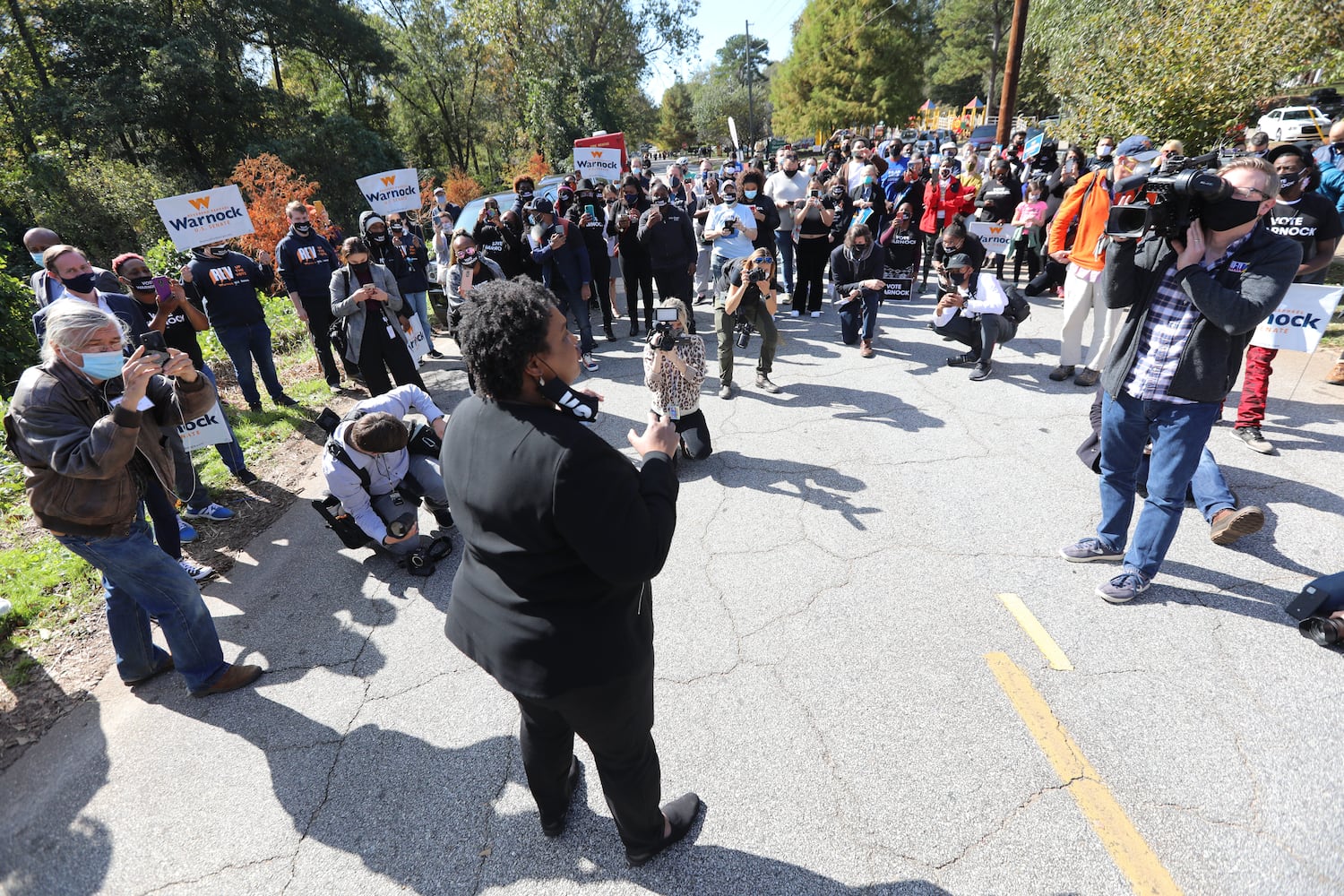 Former State Minority Leader Stacey Abrams speaks to a dozen US Senate Candidate supporters Raphael Warnock on Election Day. Tuesday, Nov. 3, 2020, 
Miguel Martinez for The Atlanta Journal-Constitution