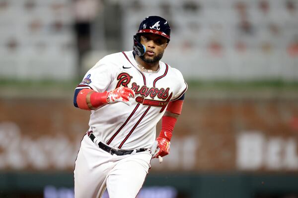 Braves second baseman Robinson Cano advances to third base after a double by Ronald Acuna (not pictured) during the eighth inning against the New York Mets at Truist Park Monday, July 11, 2022, in Atlanta. (Jason Getz / Jason.Getz@ajc.com) 