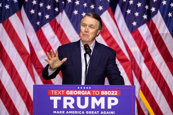 Former U.S. Sen. David Perdue speaks at a rally for Republican presidential candidate and former president Donald Trump at Forum River Center in Rome on Saturday, March 9, 2024. (Arvin Temkar / arvin.temkar@ajc.com)