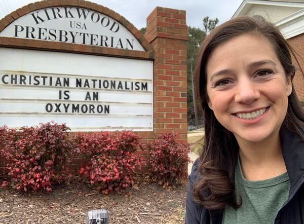 Pastor Catherine Renken posts messages on the marquee at Kirkwood Presbyterian Church in Kennesaw that spread the message about justice, love and the Word of Jesus. They have drawn complaints from some passersby. CONTRIBUTED