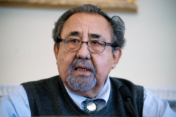 FILE - House Natural Resources Committee Chairman Raul Grijalva, D-Ariz., speaks at Capitol in Washington, March 28, 2022. (AP Photo/J. Scott Applewhite, File)