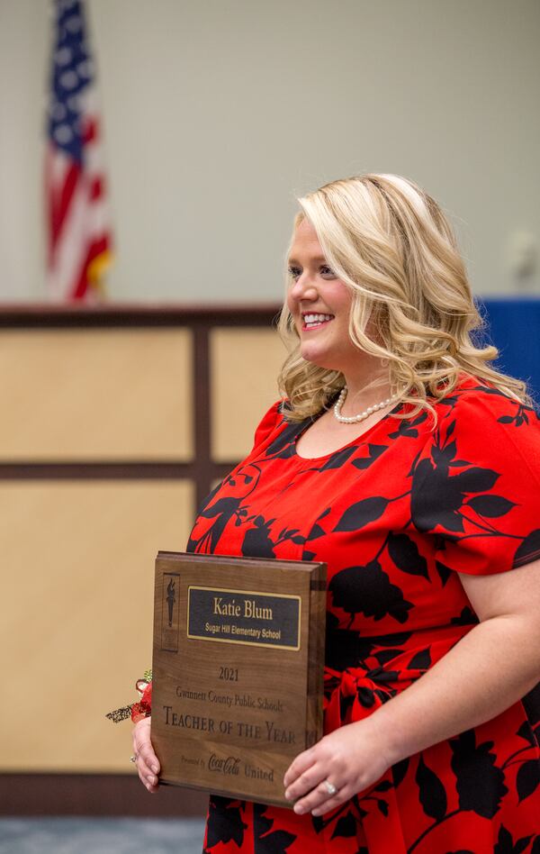 Katie Blum of Sugar Hill Elementary School is named 2021 Gwinnett County Teacher of the Year in a ceremony Thursday, Dec 10, 2020.  (Jenni Girtman for The Atlanta Journal-Constitution)