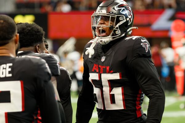 Atlanta Falcons' linebacker Quinton Bell (56) reacts after blocking a kick during the second half of an NFL exhibition game against the Jacksonville, Jaguars on Saturday, August 27, 2022, at the Mercedes-Benz Stadium in Atlanta, Ga.
 Miguel Martinez / miguel.martinezjimenez@ajc.com