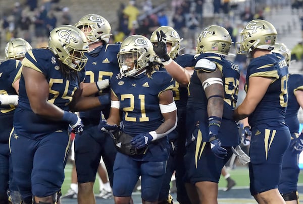 Georgia Tech running back Jahmyr Gibbs (21) celebrates after he scored a touchdown during the first half against Louisville Oct. 9, 2020, at Bobby Dodd Stadium in Atlanta. (Hyosub Shin / Hyosub.Shin@ajc.com)