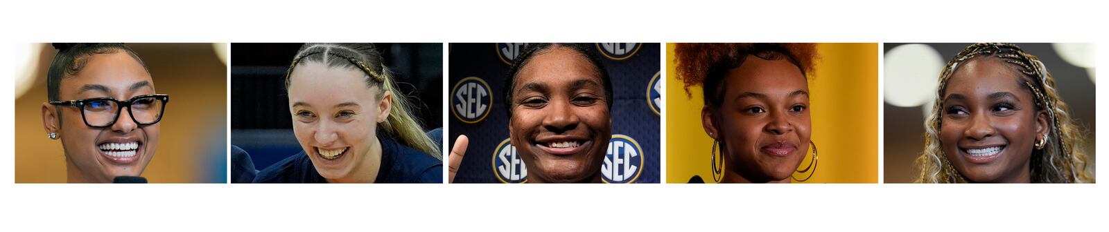 FILE - From left are USC's JuJu Watkins, UConn guard Paige Bueckers, Madison Booker of Texas, Notre Dame's Hannah Hidalgo and USC's Kiki Iriafen. (AP Photo/File)