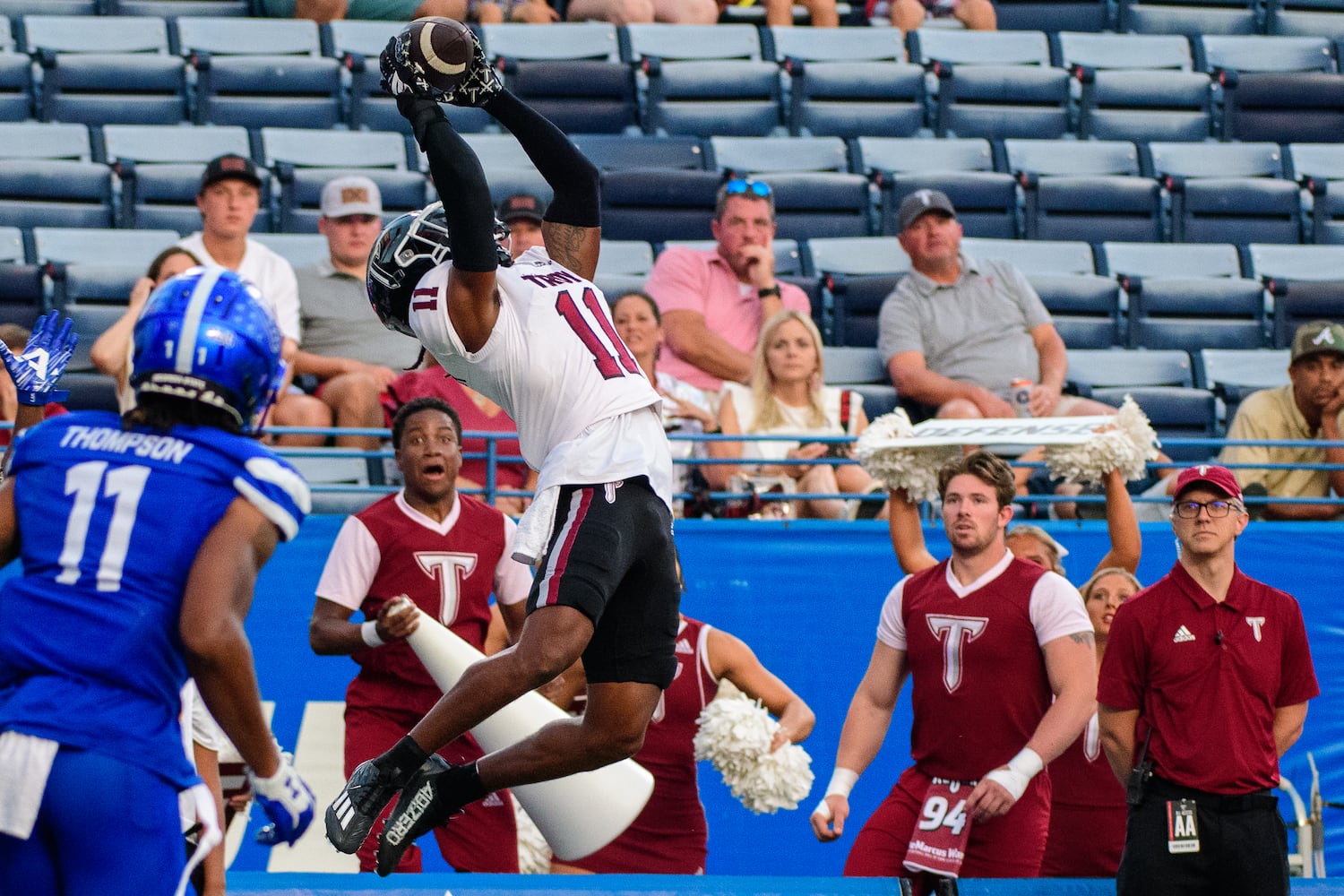 Troy wide receiver Deshon Stoudemire brings in an interception against Georgia State Saturday, Sept. 30, 2023 (Jamie Spaar for the Atlanta Journal Constitution)