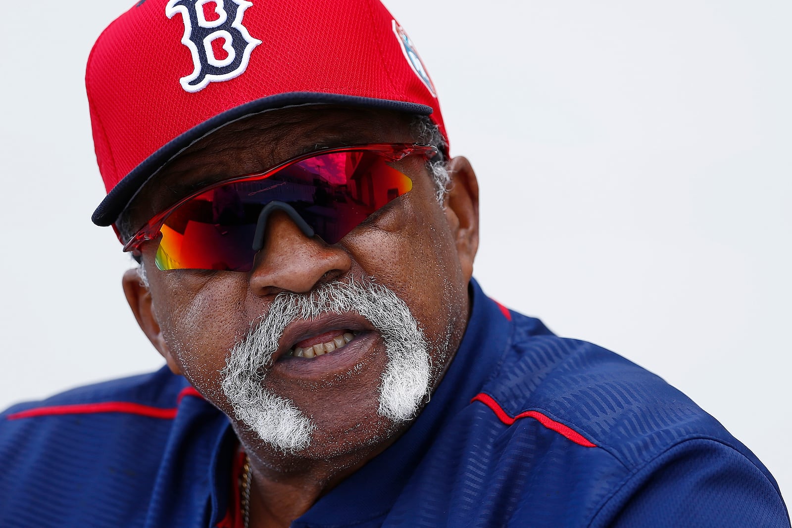 FILE - Boston Red Sox great Luis Tiant talks in the picnic area during spring training baseball, Friday, Feb. 19, 2016, in Fort Myers, Fla. (Corey Perrine/Naples Daily News via AP, File)