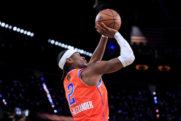 Oklahoma City Thunder guard Shai Gilgeous-Alexander (2) during the first half of the championship game against the Milwaukee Bucks in the NBA Cup basketball tournament Tuesday, Dec. 17, 2024, in Las Vegas. (AP Photo/Ian Maule)