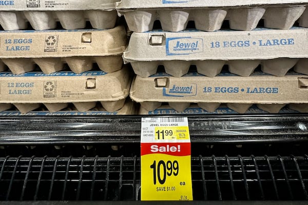 FILE - The eggs price is displayed on the edge of a shelf at a grocery store in Glenview, Ill., Monday, Feb. 10, 2025. (AP Photo/Nam Y. Huh, File)