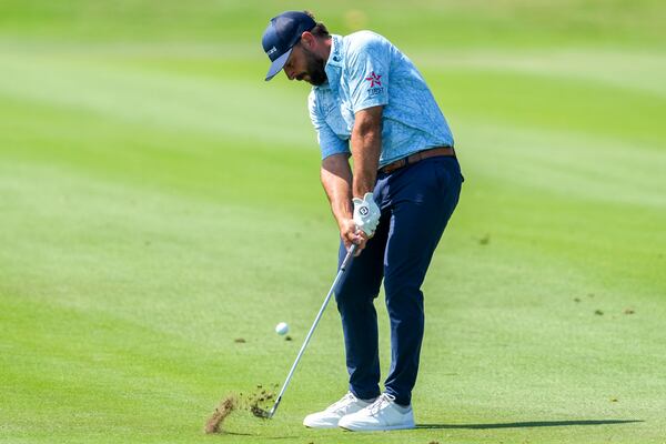 Stephan Jaeger, of Germany, hits on the second hole fairway during the final round of the Mexico Open golf tournament in Puerto Vallarta, Mexico, Sunday, Feb. 23, 2025. (AP Photo/Fernando Llano)