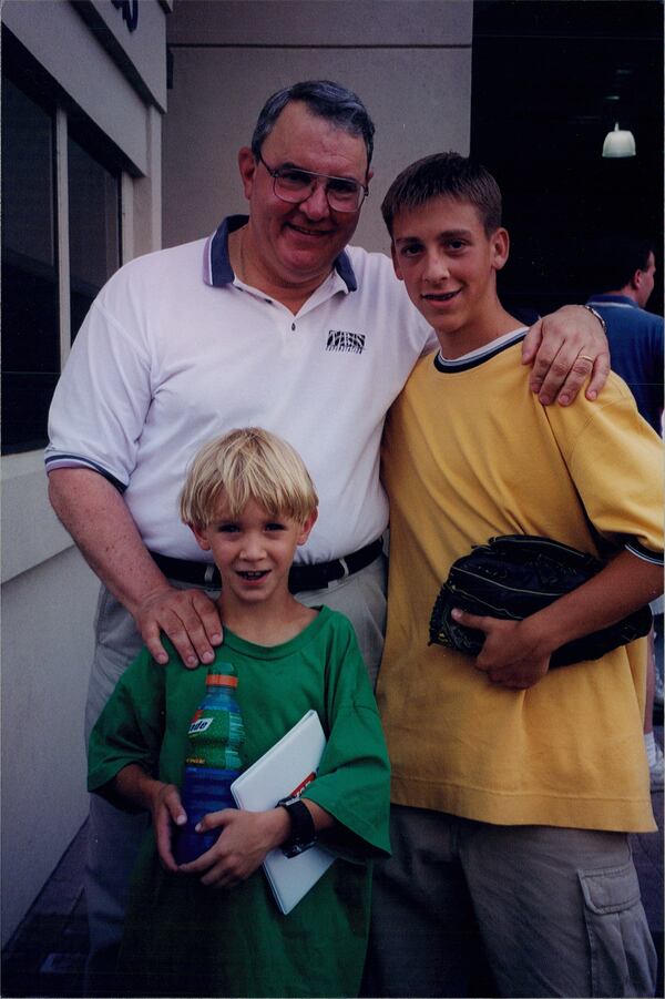 Newly hired Braves play-by-play announcer Brandon Gaudin, right, shown here in 1998 with former Braves broadcaster Skip Caray. (Contributed photo)