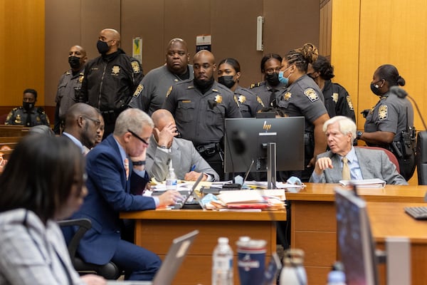 Security is present at the first appearance of Young Thug, whose real name is Jeffery Williams, at the Fulton County Courthouse in Atlanta on Thursday, December 15, 2022. He was indicted in a RICO case earlier this year. (Arvin Temkar / arvin.temkar@ajc.com)